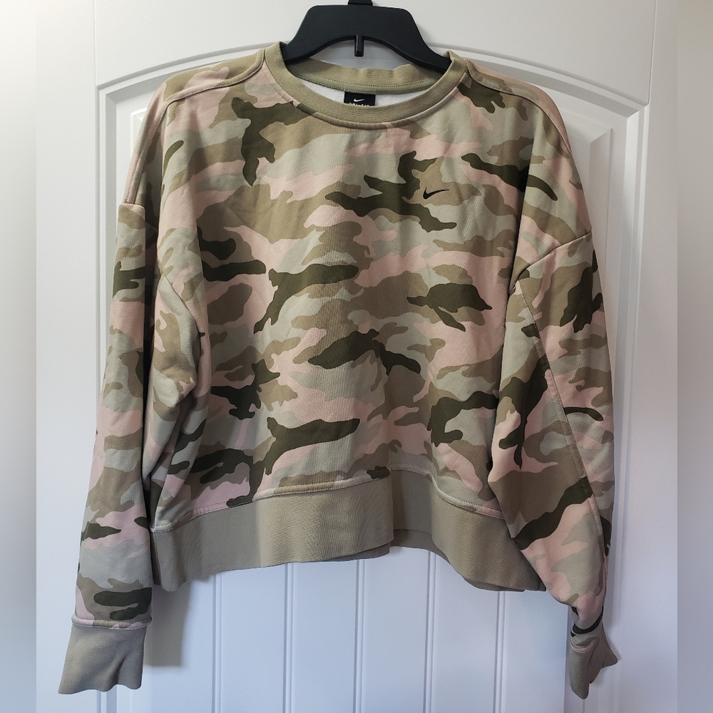 Womens NIKE Pink, Green & Tan Camouflage Cropped Large Sweatshirt